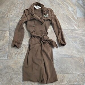 YAG Couture Brown Distressed Jersey Trench Coat Embroidered Boho Med